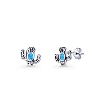 Cactus Stud Earring 8mm Oxidized Lab Created Blue Opal 925 Sterling Silver Wholesale